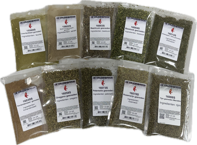 Kruidenpakket groene kruiden - 10-delig inclusief strooibusje bestaande uit: 15568S 15602S 16003S 16004S 16014S 16039S 16058S 16073S 16078S 16088S met 10 strooibusjes 100ml en 10 blanco labels