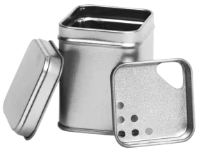 Theeblikje zilver 53x53x71 mm met strooi inzet - PL389