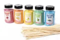 Suikerspinsuiker fruitmix NR. 4 in 5 strooibussen a 400 gram incl. ±100 stokjes - set met Banaan (geel), Appel (groen), Sinaasappel (oranje), Bosbes(blauw), Aardbei (roze) en  ±100 stokjes