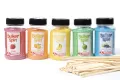 Suikerspinsuiker fruitmix NR. 4 in 5 strooibussen a 400 gram incl. ±100 stokjes - set met Banaan (geel), Appel (groen), Sinaasappel (oranje), Bosbes(blauw), Aardbei (roze) en  ±100 stokjes