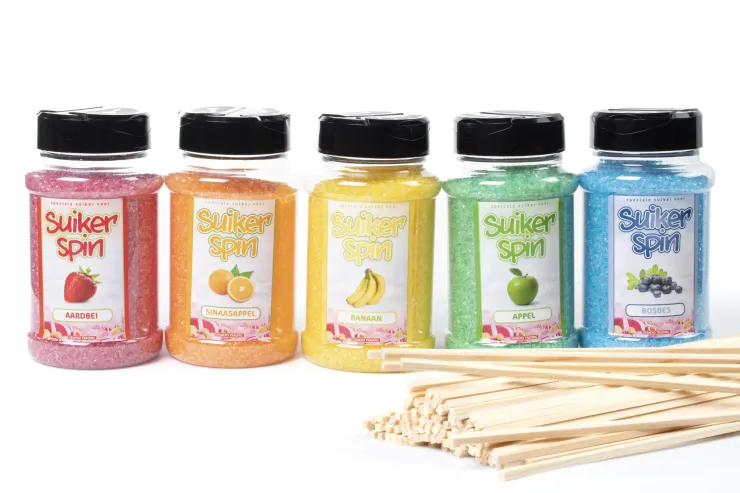 Suikerspinsuiker fruitmix NR. 4 in 5 strooibussen a 400 gram incl. ±100 stokjes - set met Banaan (geel), Appel (groen), Sinaasappel (oranje), Bosbes(blauw), Aardbei (roze) en  ±100 stokjes