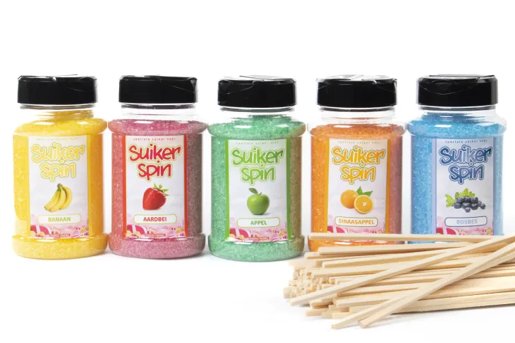 Suikerspinsuiker fruitmix NR. 4 in 5 strooibussen a 400 gram incl. ±100 stokjes - set met Banaan (geel), Appel (groen), Sinaasappel (oranje), Bosbes(blauw), Aardbei (roze) en  ±100 stokjes