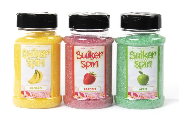 Suikerspinsuiker Fruitmix NR. 1 in 3 x strooibussen á 400 gram - set met Banaan (geel), Appel (groen) en Aardbei (roze)