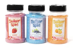 Suikerspinsuiker Fruitmix NR. 2 in 3 x strooibussen á 400 gram - set met Aardbei (roze), Bosbes (blauw) en Sinaasappel (oranje)