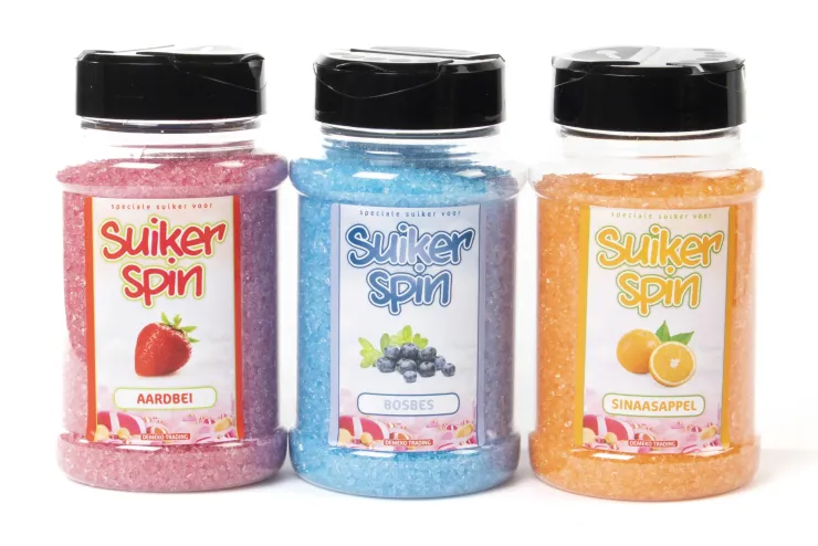 Suikerspinsuiker Fruitmix NR. 2 in 3 x strooibussen á 400 gram - set met Aardbei (roze), Bosbes (blauw) en Sinaasappel (oranje)