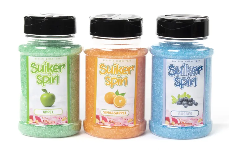 Suikerspinsuiker Fruitmix NR. 3 in 3 x strooibussen á 400 gram - set met Sinaasappel (oranje), Bosbes(blauw) en Appel (groen)