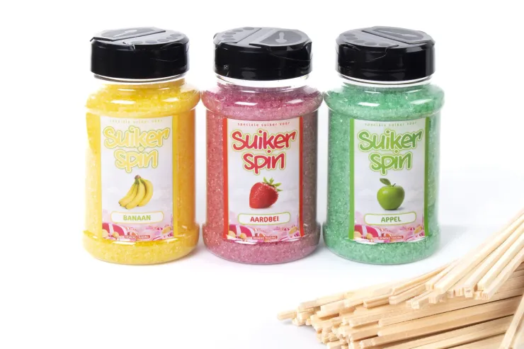 Suikerspinsuiker Fruitmix NR. 1 in 3  x 400 gram incl.  ± 100 stokjes - set met Banaan (geel), Appel (groen) en Aardbei (roze) en 100 stokjes