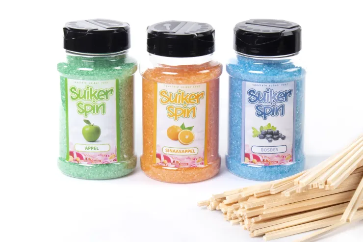 Suikerspinsuiker Fruitmix NR. 3 in 3  x 400 gram incl.  ± 100 stokjes - set met Sinaasappel (oranje), Bosbes(blauw) en Appel (groen) en 100 stokjes