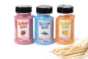 Suikerspinsuiker Fruitmix NR. 2 in 3  x 400 gram incl.  ± 100 stokjes - set met  Aardbei (roze), Bosbes (blauw) en Sinaasappel (oranje) en 100 stokjes