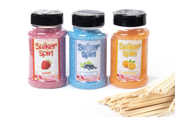 Suikerspinsuiker Fruitmix NR. 2 in 3  x 400 gram incl.  ± 100 stokjes - set met  Aardbei (roze), Bosbes (blauw) en Sinaasappel (oranje) en 100 stokjes
